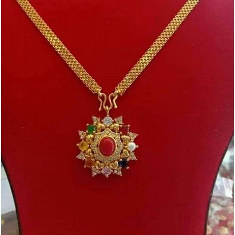 Gold Plated Chain With Navratna Stones 