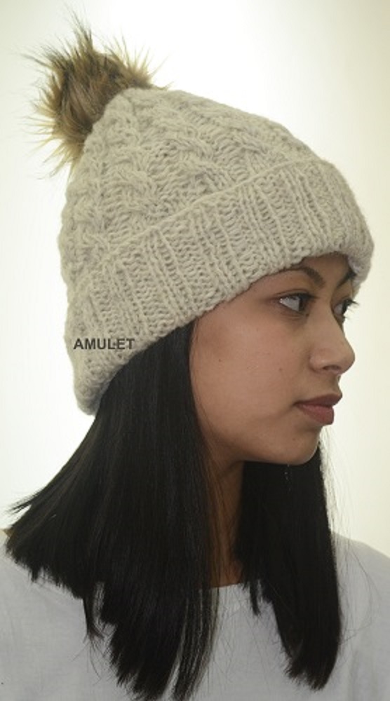 Woolen Women Cable Hat With Pom Pom 