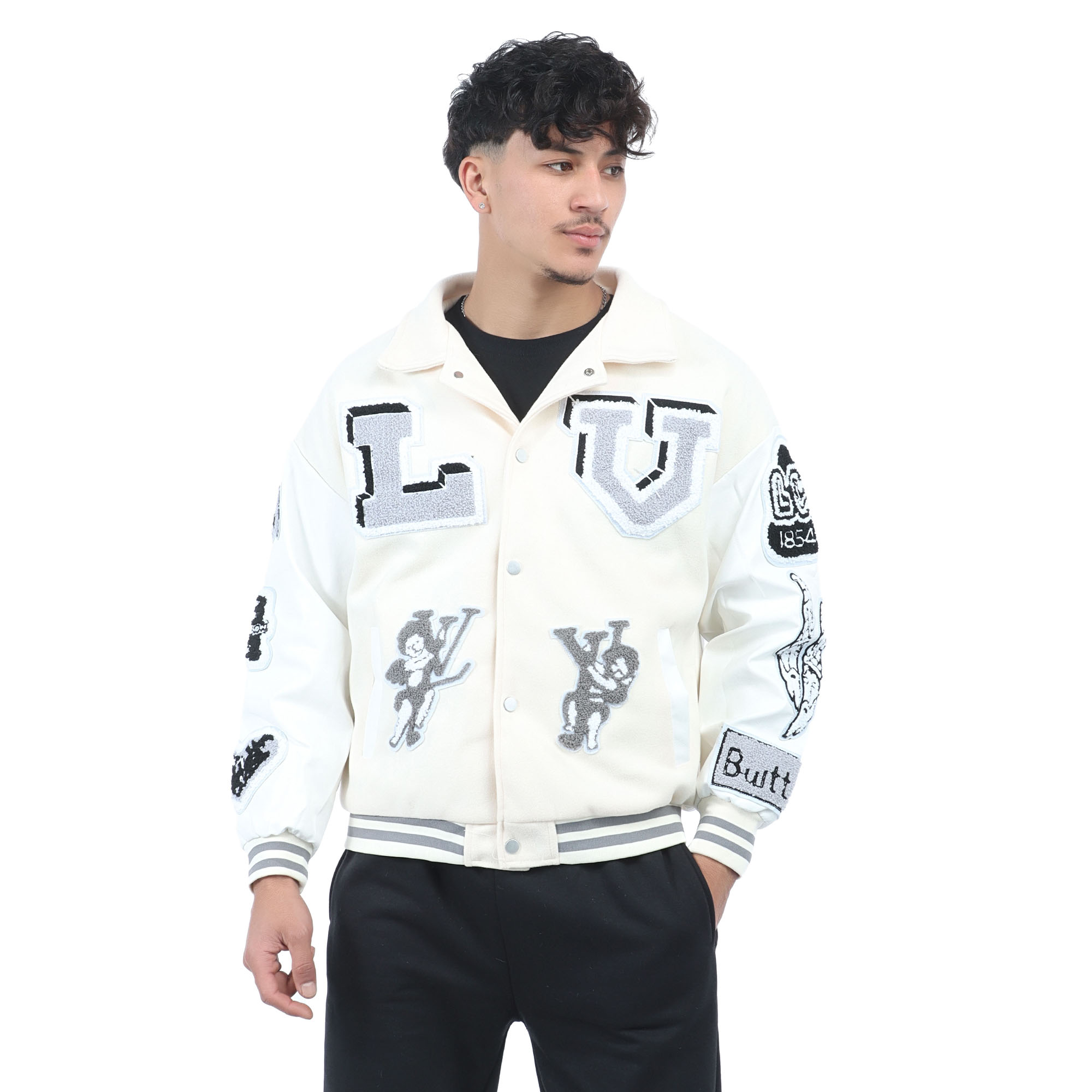 Cream Color Front Button Side Pocket Design Full Sleeves Varsity Jacket