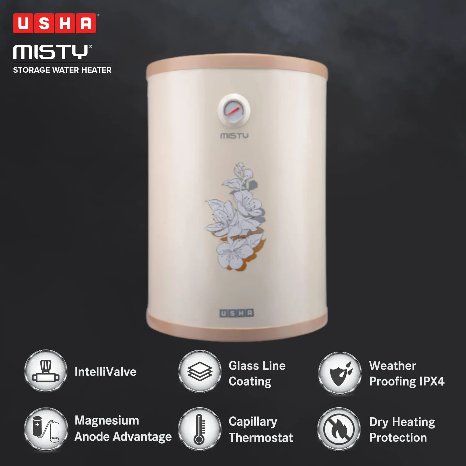 Usha Misty 15-Litres 2000-Watt 5 Star Storage Water Heater - Grey