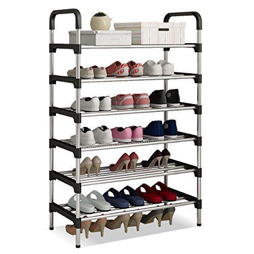 Stainless Steel Shoe Rack Organizer Foldable Durable Portable Size 60 cm x 30 cm x 110 cm (6 Layer, Black)