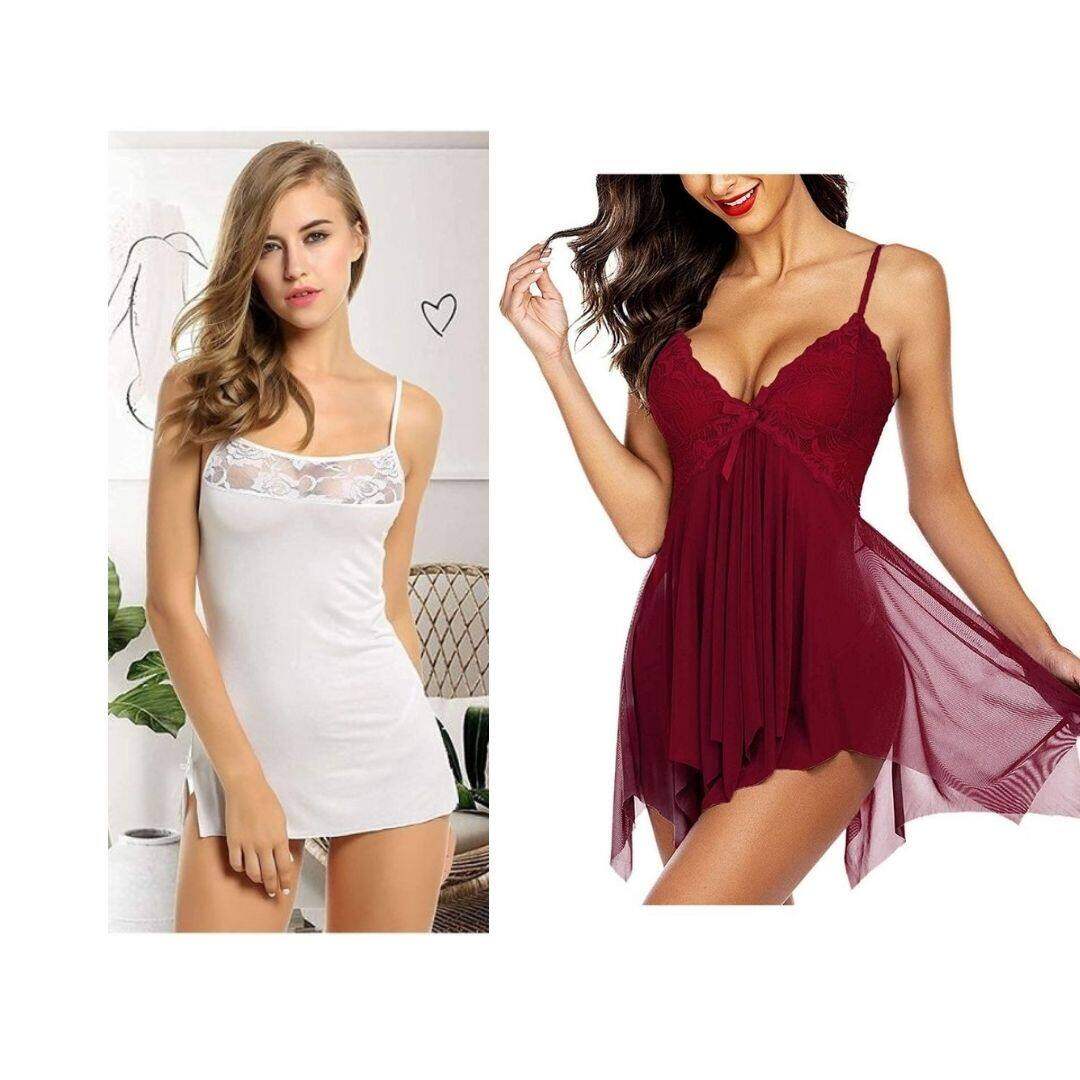 Combo Set of Babydoll Lingerie with G string panty Free size White and  Maroon Color