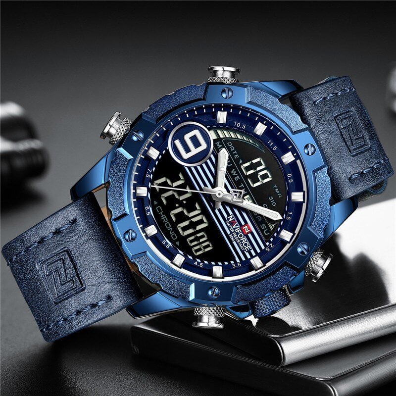 Naviforce - NF9136S - Orologio da polso al quarzo digitale analogico Dual Time da uomo, cinturino in metallo, impermeabile (Cinturino: argento/indice: blu