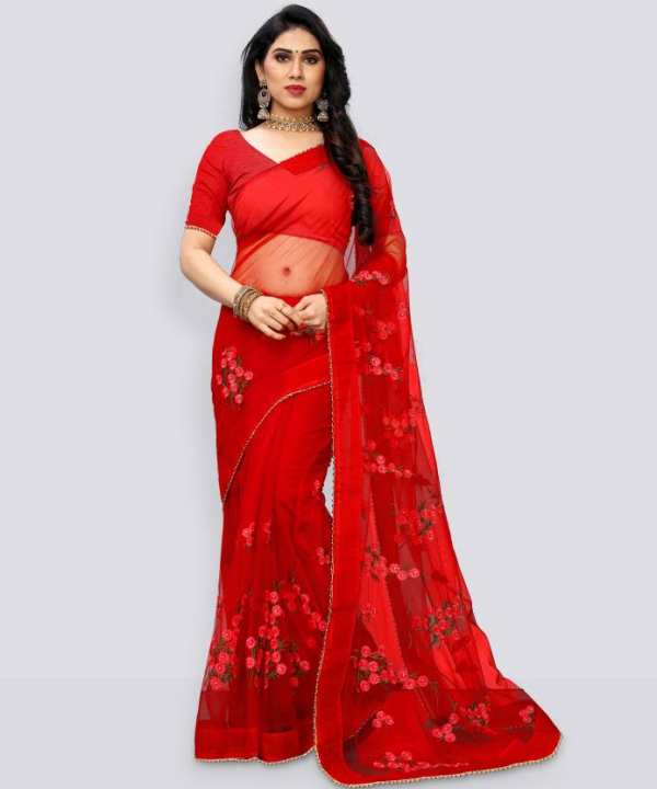 Fabdale Red Embroidered Net Bollywood Saree | Party & Festive Wear (PATL-001)